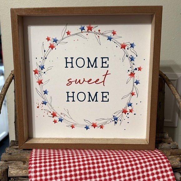 NWT PATRIOTIC HOME SWEET HOME WOODEN SIGN, GNOME AND EMBROIDERED TOWEL BUNDLE - Picture 2 of 16